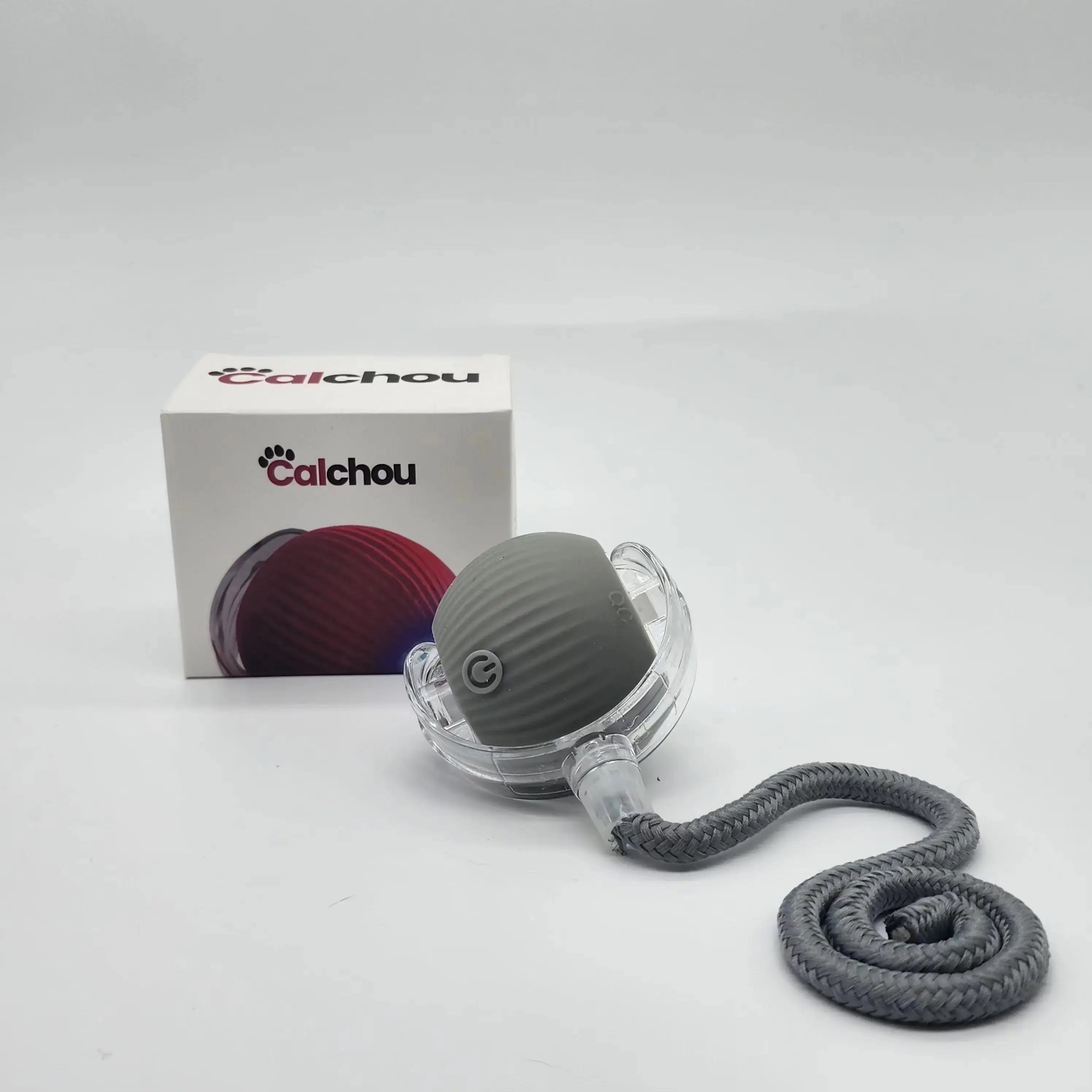 Balle interactive grise pour chat Calchou avec corde, jouet rechargeable stimulant l’instinct de jeu