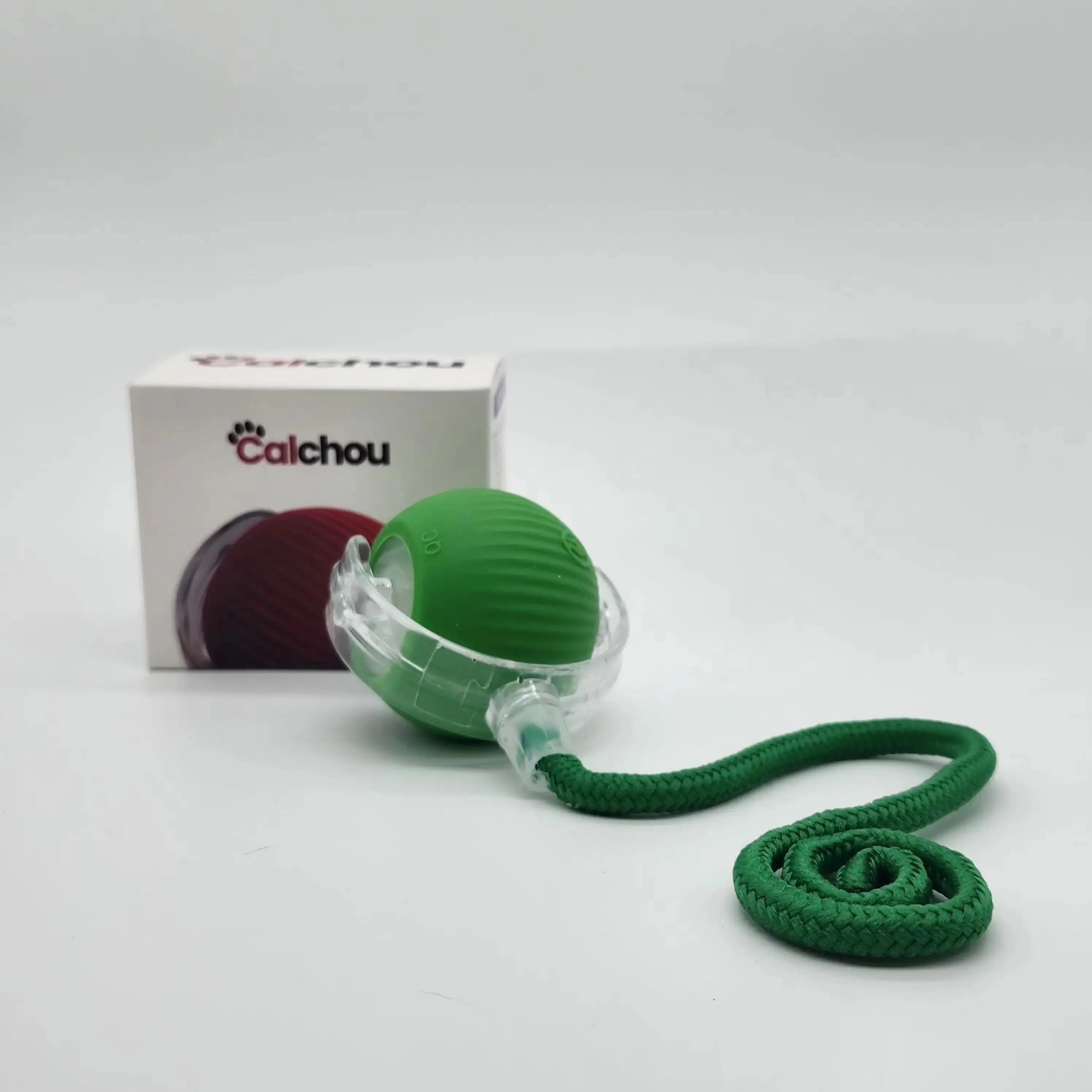 Balle interactive verte pour chat Calchou avec corde, jouet rechargeable stimulant l’instinct de jeu
