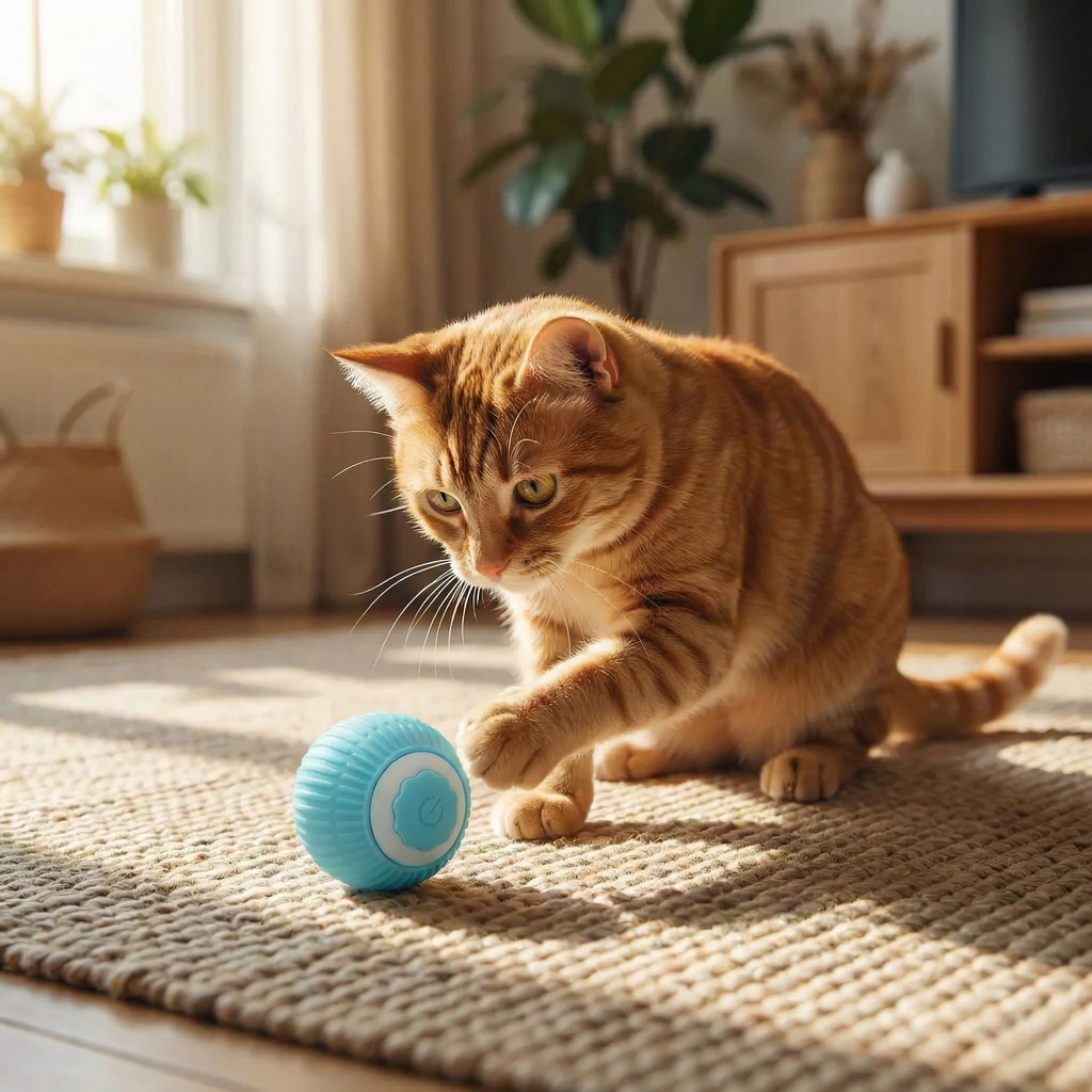 Chat roux jouant avec une balle interactive discrète bleue Calchou sur tapis, jouet silencieux adapté aux chats sensibles