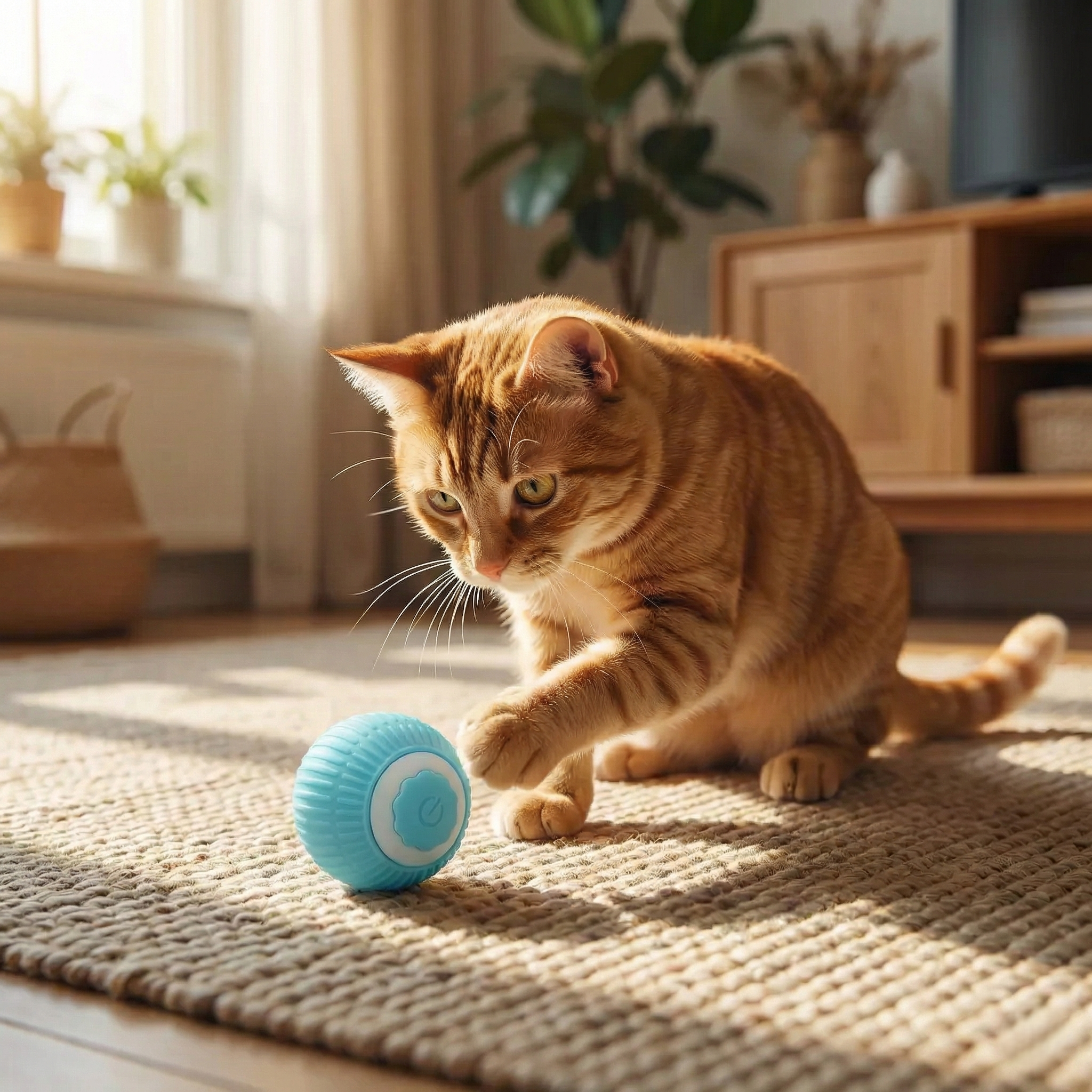 Chat roux jouant avec une balle interactive discrète bleue Calchou sur tapis, jouet silencieux adapté aux chats sensibles