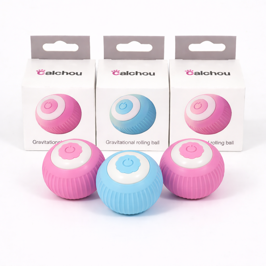 Lot de 3 balles interactives discrètes pour chats Calchou, deux bleues et une rose