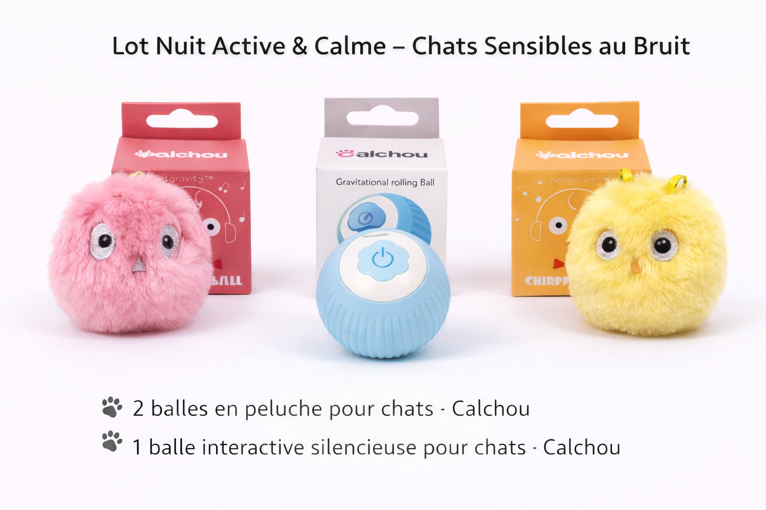 Lot de jouets Calchou pour chats sensibles au bruit comprenant deux balles en peluche rose et jaune et une balle interactive silencieuse bleue, idéal pour le jeu nocturne calme